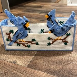 Vintage Needlepoint Bluejay Handmade Knit Plastic Mail Card Napkin Holder